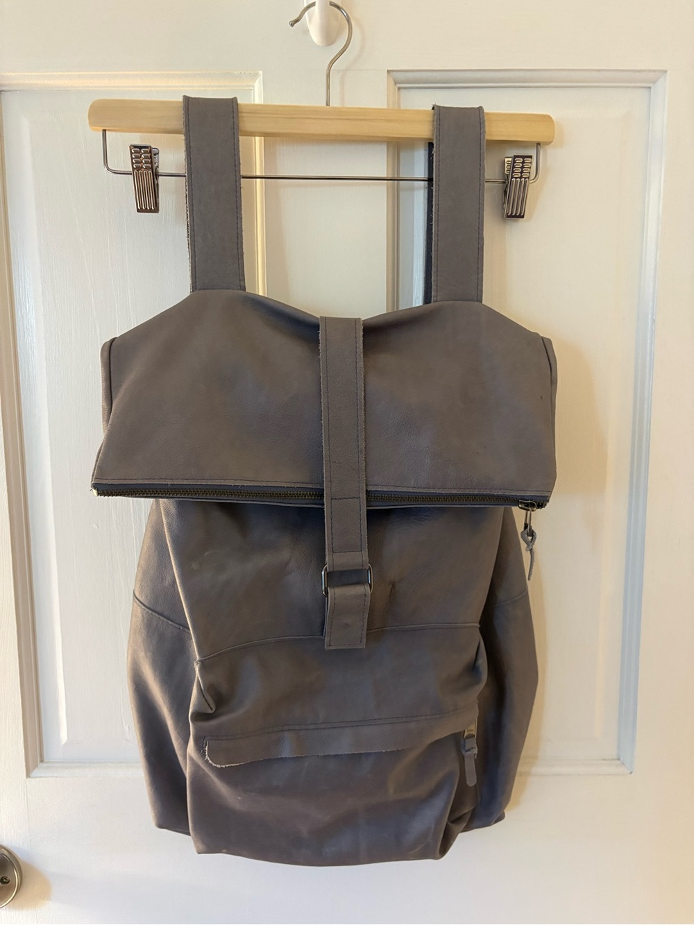 Pale Blue/Greyish Leather Roll-Top Backpack